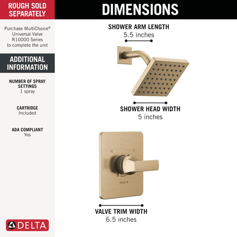 Dimensions of the Rich Champagne Bronze Shower Head And Handle Set With Rock Solid Brushed Finish Valve Trim Kit.