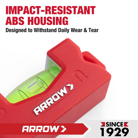 Heavy Duty 3 Inch Magnetic Mini Level Featuring Boss Grade Neodymium Magnets gripping metal, red impact-resistant ABS housing, and yellow vial.