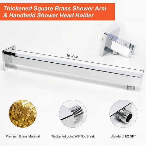 16 inch square brass shower arm with handheld holder, part of 12 Inch Square Rain Shower Head With Extension Arm And Handheld Combo High Pressure All Metal Chrome Finish Shower System Includes Luxury Balance Valve Trim Kit