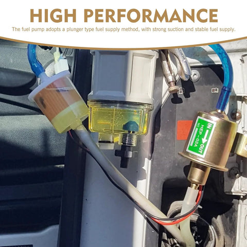 12V Heavy Duty Plunger Fuel Pump for Low Pressure Delivery, 3 to 5 PSI, installed in a vehicle engine with fuel lines connected