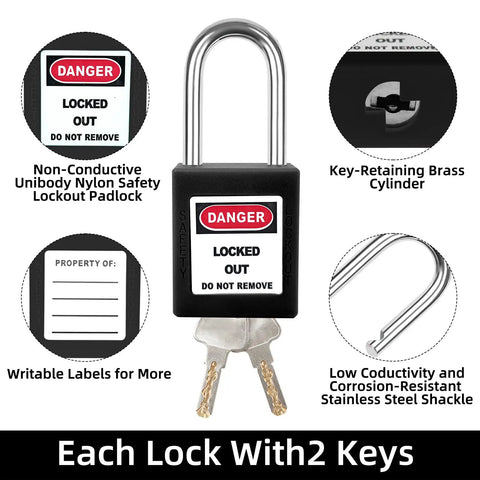 Solid As A Rock Five Piece Keyed Different Lockout Tagout Safety Padlock Set Black OSHA Approved Pads with keys and safety labels