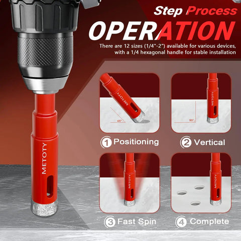 Rock Solid 6 Piece Diamond Hole Saw Drill Bit Set With Serrated Pilot For Ceramic Glass Tile Marble Granite Dry Or Wet Drilling High Precision Kit, showing step-by-step operation for various sizes.
