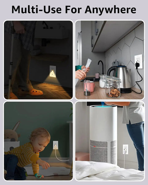 Built Different USB C Wall Outlets With Built In Night Lights And 4.8A Fast Charging Ports Tamper Resistant Electrical Receptacles in various home settings.