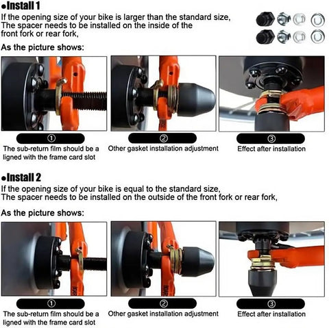 Installation guide for Hub Motor Nut And Washer Kit For Electric Bikes with illustrations on spacer adjustments for M16 shafts.