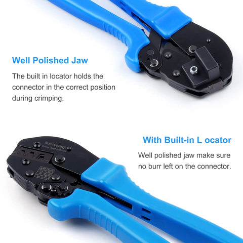 Knoweasy Powerpole Crimper Handles 15 30 And 45 Amp Connectors For Anderson Powerplugs with blue handles and polished jaws for crimping.