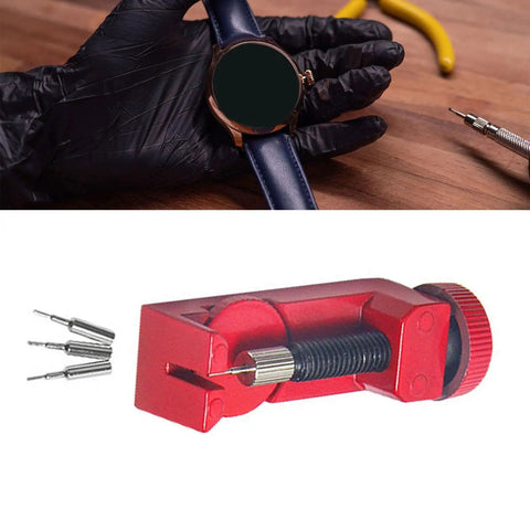 Must Have Watch Link Remover Kit With 4 Piece Set Pro Grade Band Pin Tool in use on blue watch band with red handle closeup.