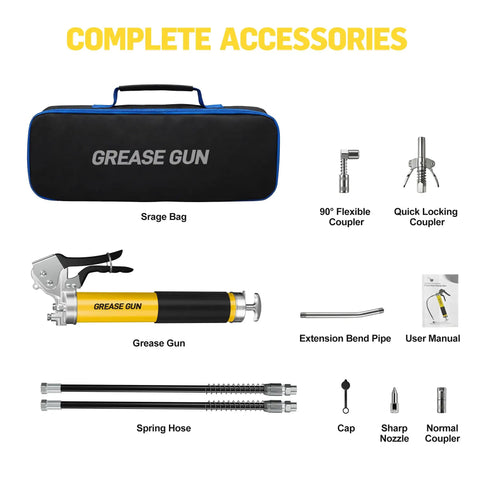 10,000 PSI Pneumatic Grease Gun Kit With Built Tough Pistol Grip, 14 Oz Capacity, accessories including hoses and couplers displayed