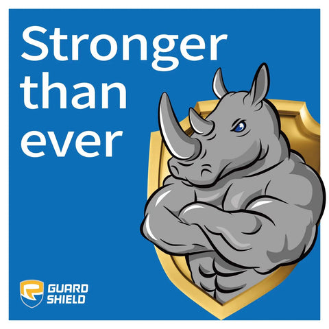 Illustration of strong rhino in front of gold shield with 'Stronger than ever' and Guard Shield logo.