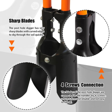 Close-up of Heavy Duty Post Hole Digger with 58 Inch Reach, featuring sharp carbon steel blades, four screws connection, orange and black handle
