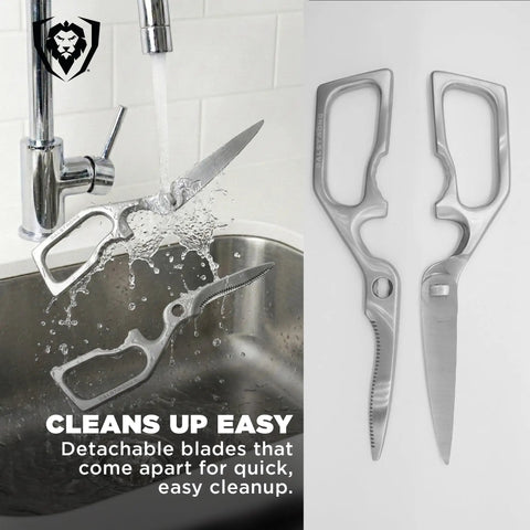 Ambidextrous Japanese Stainless Steel Kitchen Scissors For Spatchcocking Chicken, Trimming Fat, And Breaking Down Poultry, Also Great For Pizza, Flatbread, Herbs, Quesadillas, And Quick Package Opening, Detachable For Easy Cleaning. Detachable stainless steel kitchen scissors shown open and rinsed in a sink.