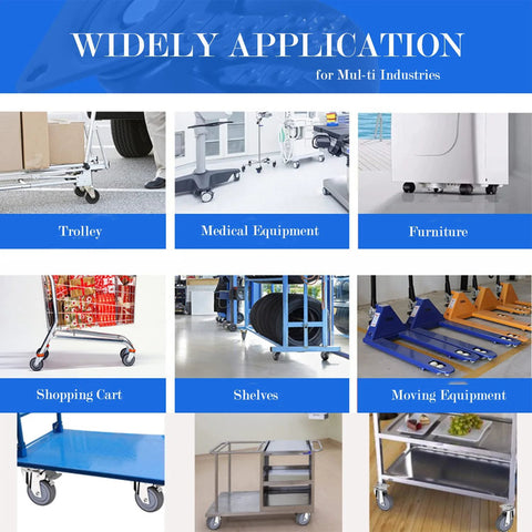 Collage of industrial caster wheels in use: trolleys, medical equipment, furniture, shopping carts, shelves, moving equipment