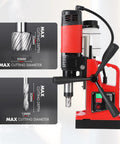 Beefy 1400W Magnetic Drill Press With 6 Drill Bits For Metal 2 Inch Max Hole Diameter Forward And Reverse Self Locking Double Track Guide 810 RPM Adjustable Speed Portable Power Tool For Industrial And Home Use showing drill bits and max cutting diameter