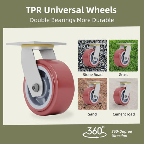 TPR universal wheels showcasing double bearings, suitable for various surfaces including stone, grass, sand, and cement.