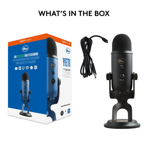 Blue Yeti USB Microphone For PC And Mac, Gaming And Streaming Ready, Studio Quality Condenser Mic with box and USB cable