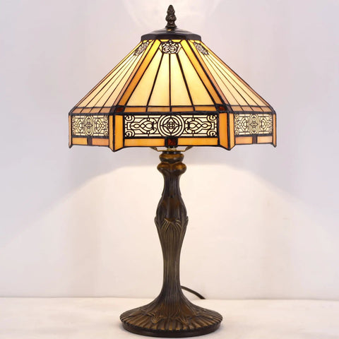 Yellow Hexagon Tiffany Style Stained Glass Lamp For A Cozy Vibe Mission Table Desk Bedside Reading Light 12 Inch Shade 18 Inch Tall With Antique Green Bronze Base UL Listed Cord Switch Perfect For Bedroom Or Living Room Decor