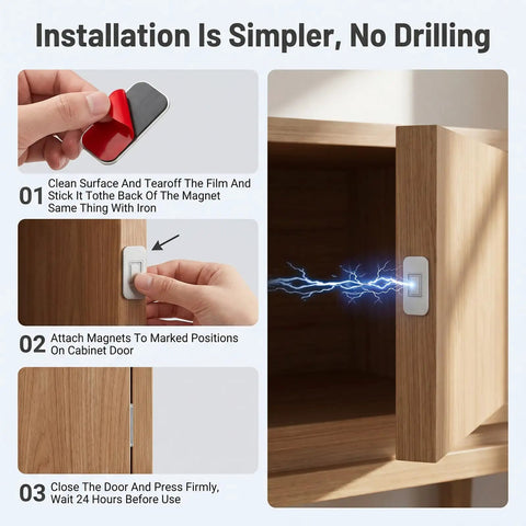 Installation steps for Super Strong 24 Pack Cabinet Magnets With Adhesive Secure Door Closure For Drawers And Cupboards Super Sturdy Stainless Steel Catch.