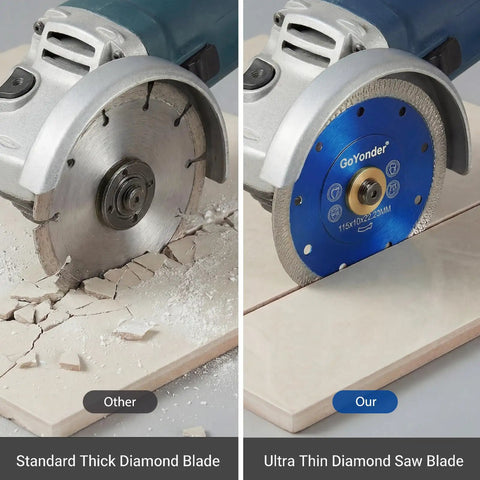 Heavy Duty 4.5 Inch Diamond Tile Blade Delivers Dope Precision Cuts On Porcelain Granite And Marble With Slick Wet Or Dry Grind Operation Rock Solid Dual Arbor Fit Pro Quality Upgrade used on handheld grinder cutting through tiles.