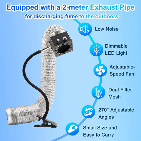 Pro Grade Solder Fume Extractor with adjustable speed fan and dimmable LED light, featuring silicone gooseneck and exhaust duct hose