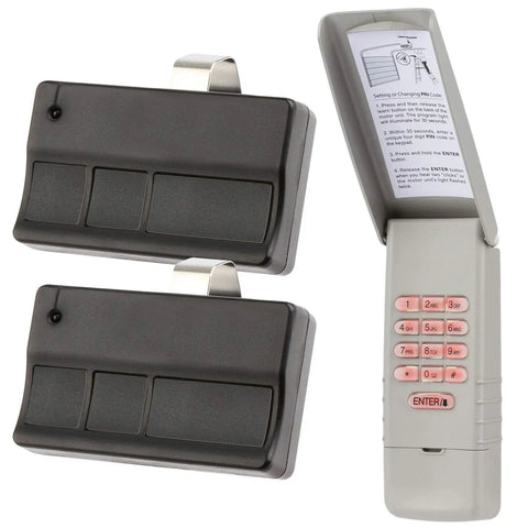 Keypad and two remotes for garage door opener 373LM and 377LM 315MHz purple learn button compatible easy plug and play setup