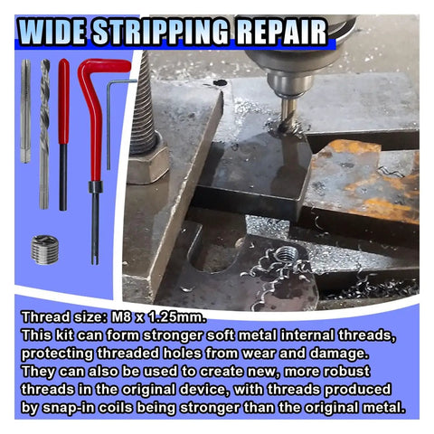 Wide stripping repair with Heavy Duty M8 Thread Repair Kit With 30 Pieces Helicoil Set M8 By 1.25 Includes Insertion Tool Drill Bit Lug