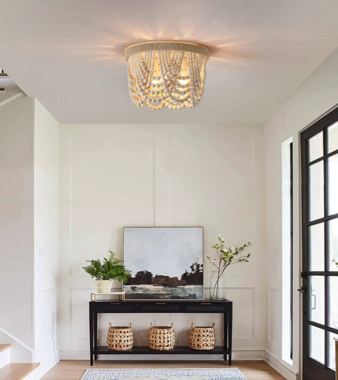 Boho Chic Wood Beaded Flush Mount Light Fixture, Rustic Farmhouse Three Light Chandelier in an entryway with decor, E26 sockets, hemp rope
