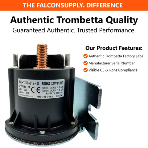 Genuine Trombetta 12V Continuous Solenoid Relay Kit for Snow Plow Parts, close-up view of factory label and compliance marks