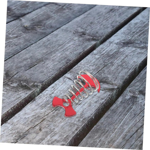 Heavy Duty Adjustable Aluminum Fishbone Tent Pegs And Rope Tighteners For No Sweat Awning Setup Lightweight Camping Ground Stakes And Tent Anchors Black And Red on wooden surface.