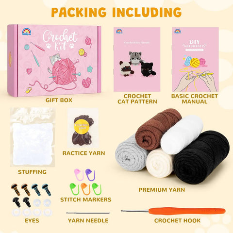 Beginner Crochet Kit for Adults With Amigurumi Projects and Step By Step Video Tutorials, Complete DIY Cat Crochet Starter Set.
