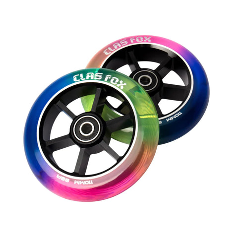 Top Shelf Pro Stunt Scooter Wheels 110Mm With Fast Rolling Abec 9 Bearings And Cnc Machined Aluminum Core Mid Rebound Polyurethane Shell Designed For Nailing Every Kick Flip Tricking Session Red Yellow Blue close-up view of colorful wheels