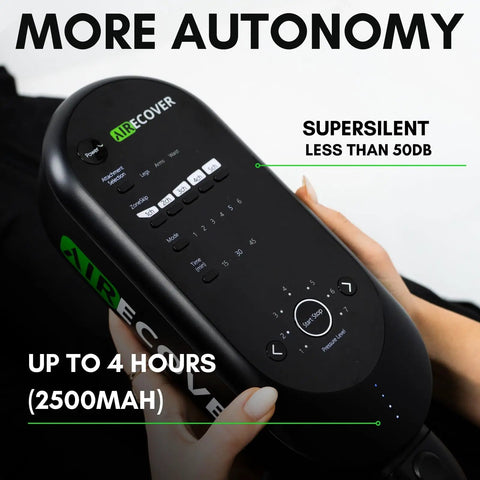 Professional Cordless Leg Compression Massager control panel showing settings, rechargeable battery, and quiet operation features.