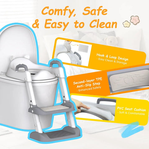 No Stress Toddler Potty Training Seat With Built In Step Stool Ladder and Heavy Duty Safety Handles showing anti-slip step and soft PVC cushion.