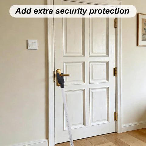 Adjustable Heavy Duty Door Security Bars Rock Solid Sliding Glass Door Barricade Jammer in use against a door.
