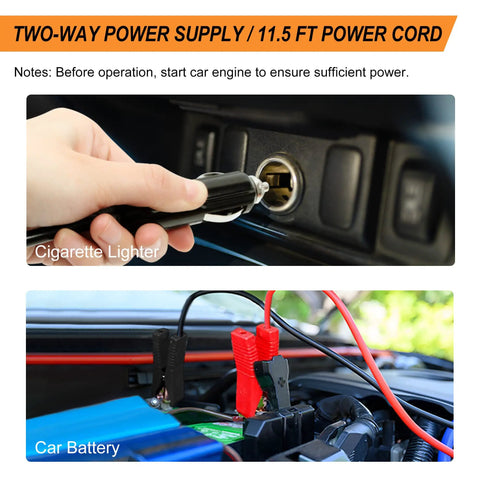 5 Ton 12V Electric Car Jack Kit With Portable Wrench And Tire Inflator Pump, LED Work Light And Warning Light, 4 In 1 Emergency Tire Change For SUV MPV Sedan, Garage Repair, Compact Yet Powerful power supply setup using cigarette lighter and car battery.