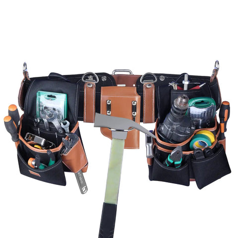 Heavy Duty Electrician And Carpenter Tool Belt With Full Grain Leather Construction, 19 Pouches, Adjustable Suspension System, Loaded