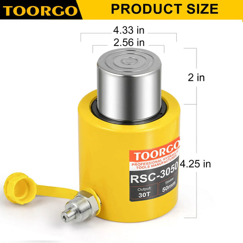 Tough As Nails 30 Ton Hydraulic Cylinder With Two Inch Auto Retracting Stroke, Portable Alloy Steel Ram Jack For Moving Heavy Loads displayed with size measurements.