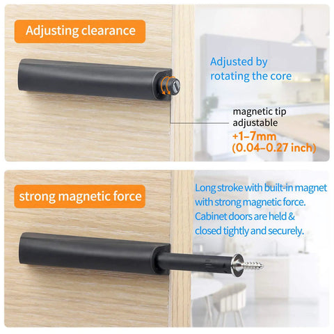 Adjustable dark grey magnetic push latch showing strong magnetic force for cabinets and drawers, part of 4 Pack built tough.