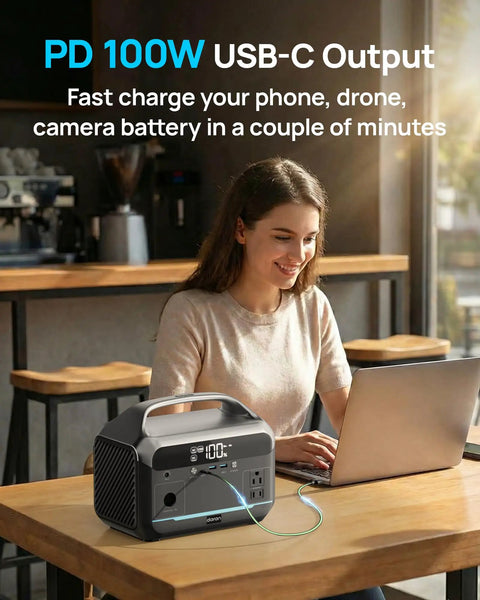 Woman using laptop with 600W Portable Power Station With 288Wh LiFePO4 Battery Backup on wooden table, showcasing PD 100W fast charging.