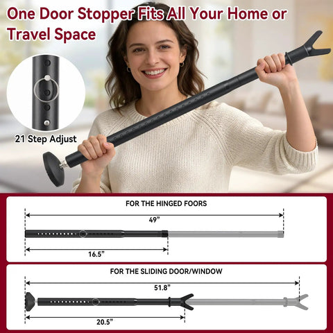 Woman holding Heavy Duty Door Security Bar Adjustable Interior Reinforced Door Jammer With Steel Lock Pin for Sliding Glass Doors.