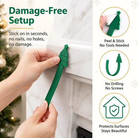 Heavy Duty Christmas Adhesive Wall Hooks For Stockings And Garland Damage Free Clear Sticky Holders With Chill Out Setup For Sweet Grip Mantel Holiday Decoration, green silicone hook applying on mantel.