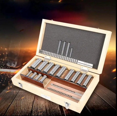 Keyway Broach Set Kit In Fitted Box With 4 Broaches, 13 Collared Bushings, And 5 Gaskets, shown open on a wooden surface.