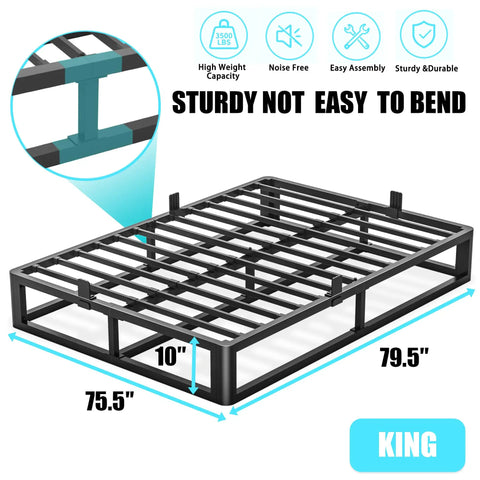 Bulletproof King Bed Frame With 10 Inch Height, Heavy Duty Steel Slats Holding Up To 3500 Lbs, showing slats and dimensions.