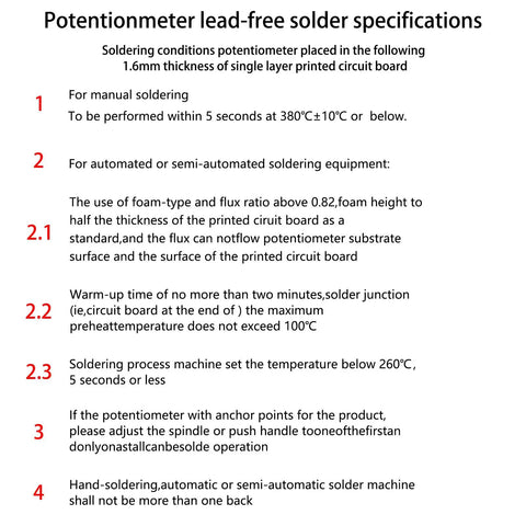 Potentiometer lead-free solder specifications for different soldering methods and temperatures, including manual and automated guidelines.