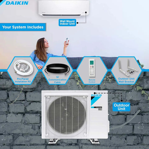 18000 BTU Ductless Heat Pump Mini Split Air Conditioner With R32 Refrigerant shows indoor unit, remote, outdoor unit, and installation kit.