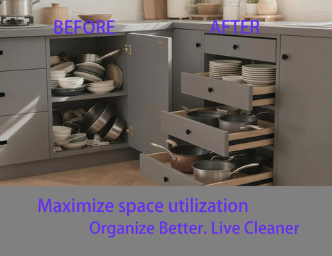 Comparison of kitchen cabinet organization with before and after views using 18 inch soft close drawer slides, 10 pairs.