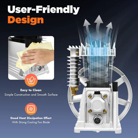 User-friendly design of Heavy Duty 2HP Air Compressor Pump Head showing easy cleaning and heat dissipation features.