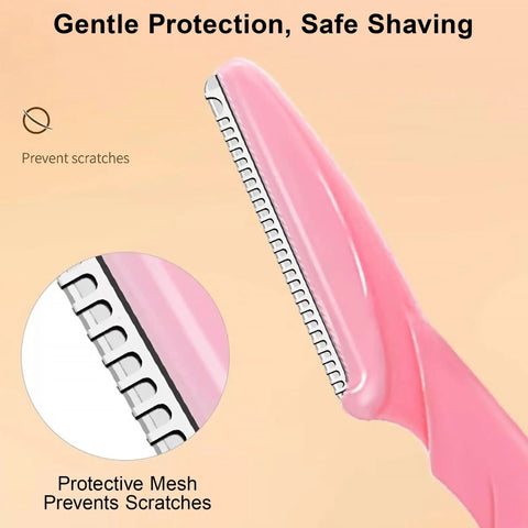 Six Piece Eyebrow Razor Kit For Her Or Him Is A Total Game Changer with a pink shaver featuring protective mesh to prevent scratches.