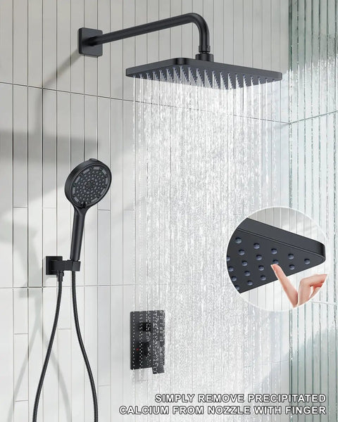 Slick Matte Black Rainfall Shower System With Filtered Handheld Sprayer Featuring Top Shelf Solid Brass Valve And Hella Durable Easy Clean Silicone Jets For A Smooth Daily Rinse, close-up of rainfall and handheld shower.
