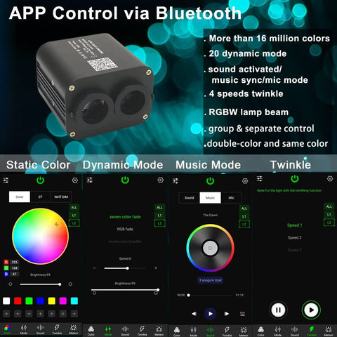 APP control interface for Dual Color 20W Fiber Optic Starlight Kit With 400 Strands, 9.8ft Each, showcasing dynamic modes.