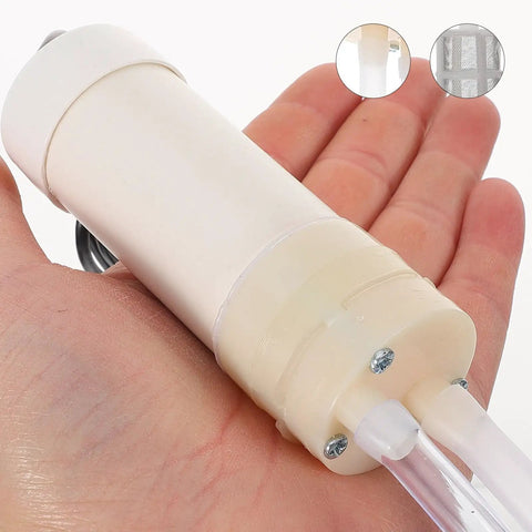 No Sweat 5V USB Portable Sump Water Pump That Handles Balcony And Terrace Flooding Like A Champ Compact Plastic Transfer Pump held in hand.