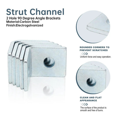 Heavy Duty 90 Degree Angle Connectors For 1 5 8 Inch Strut Channels, Beefy Two Hole L Brackets, carbon steel, electro-galvanized finish.